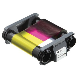 Various types of Evolis printer ribbons including YMCKO color ribbons and monochrome options with white PVC cards