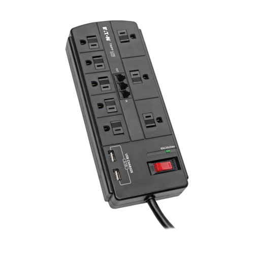 Eaton Tripp Lite TLP88TUSBB 1200 Joules 8-Outlet Surge Protector | 2 USB-A 2.1A | 8 ft Cord, RJ11, Black
 | TLP88TUSBB