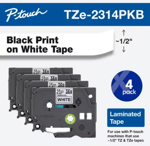 Brother TZe-231 Laminated Label Tape | 1/2 in x 26.2 ft Black on White | For P-Touch Printers | Case of 4 Rolls | TZe2314PKB