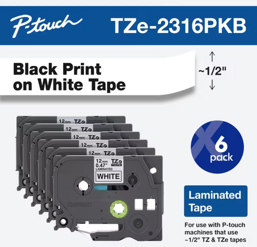 Brother TZe-231 Laminated Label Tape | 1/2 in x 26.2 ft Black on White | For P-Touch Printers | Case of 6 Rolls | TZe2316PKB
