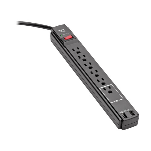 Eaton Tripp Lite TLP606USBB 1200 Joules 6-Outlet Surge Protector | 20W PD, 2 USB Ports, 6 ft Cord, Black | TLP606USBB