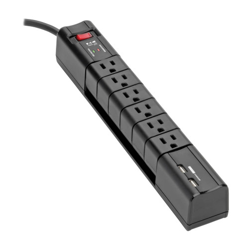 Eaton Tripp Lite TLP608RUSBB 1080 Joules 6-Outlet Surge Protector | 2-Port 3.4A USB Charging | 8 ft Cord | Black | TLP608RUSBB