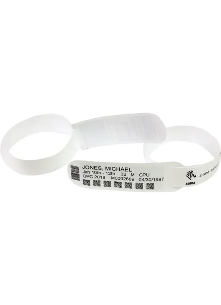Zebra 1 × 14-inch Z-Band UltraSoft long-range RFID patient ID wristband, compatible with Zebra ZD500R thermal printers