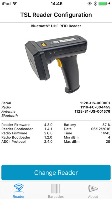 TSL Reader Configuration app screenshot