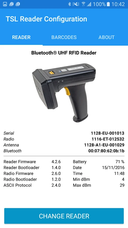 TSL Reader Configuration app screenshot