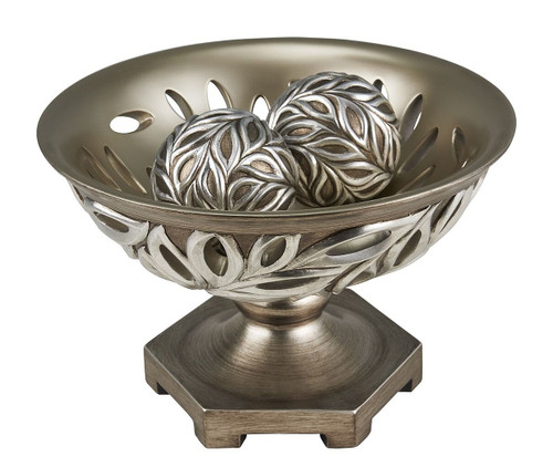 13" Brushed Silver Leaf Polyresin Decorative Pedestal Bowl with Orbs