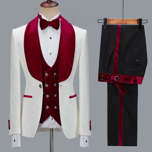 Color: Yellow, Size: M - Floral Jacket Men Suit Slim Fit Wedding Tuxedo Navy Blue Velvet Lapel Groo