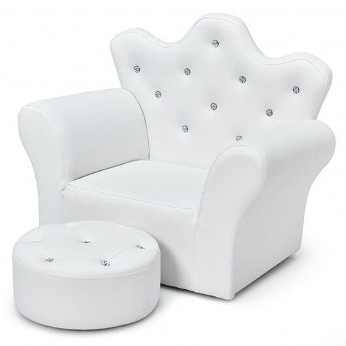 Children Upholstered Princess Sofa with Ottoman and Diamond Decoration for Boys and Girls-White - C