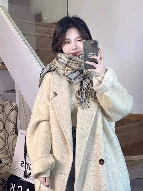 Color: Oatmeal Color, size: XS - Baby Camel Velvet Double-sided Wool Almond White Coat