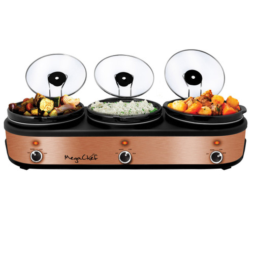 MegaChef Triple 2.5 Quart Slow Cooker and Buffet Server in Brushed Copper and Black Finish with 3 C D970-MC-1210