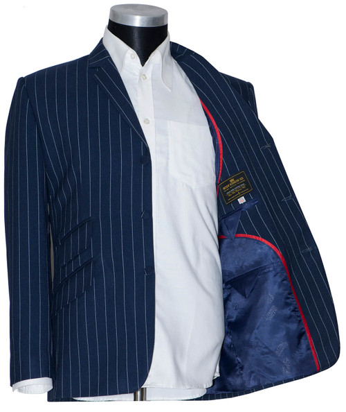 wool white stripe in navy blazer