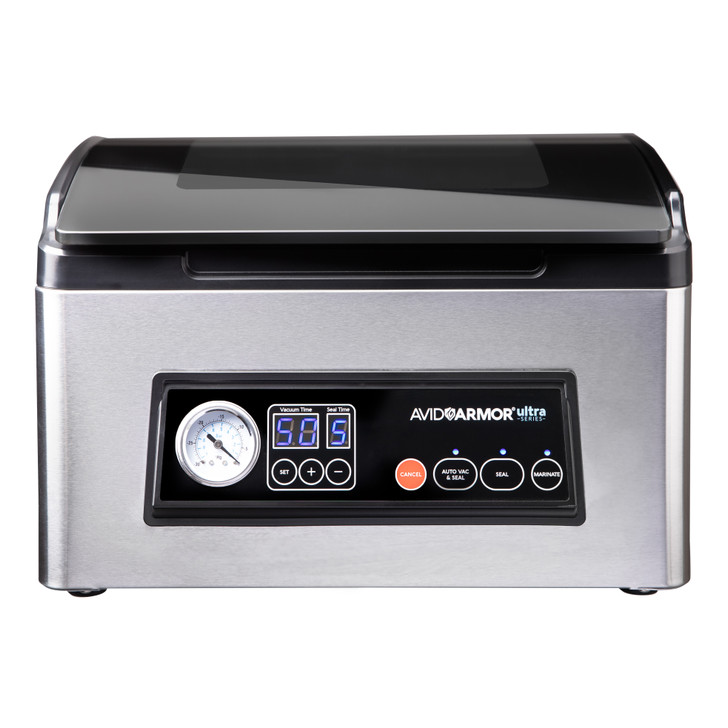 The Avid Armor USV32 chamber vacuum sealer is the ideal kitchen appliance for all of your home vacuum sealing needs. It helps keeps food fresh up to 5x longer.  It has a smooth stainless steel design perfect to match any kitchen aesthetic.   