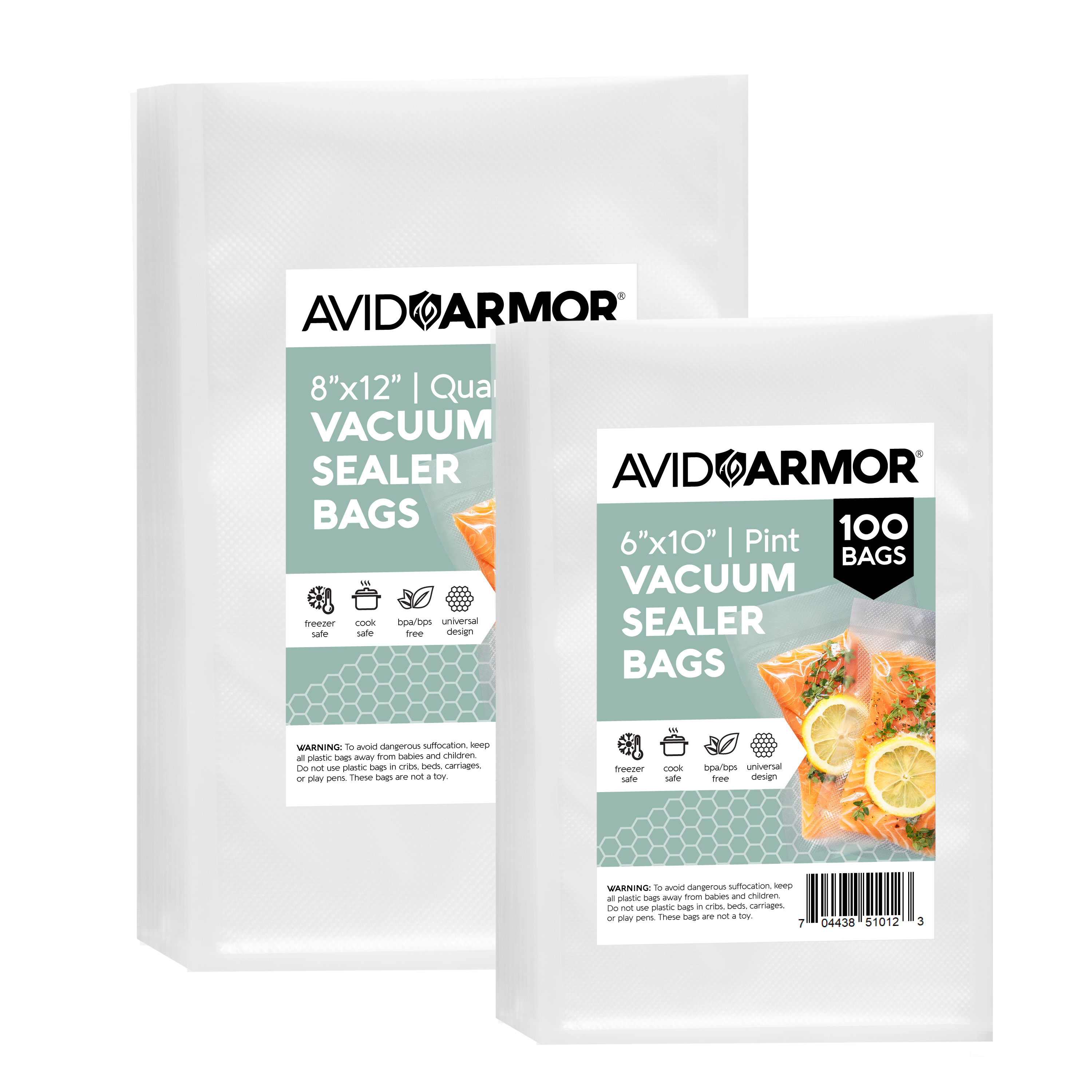 Vacuum Food Storage Bags 100 Pre-Cut Combo Pack - Avid Armor 50 Pint Size 6x10 and Quart 8x12