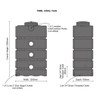 Dimensions of the 1500L water tank. Showing inlet and outlet points.