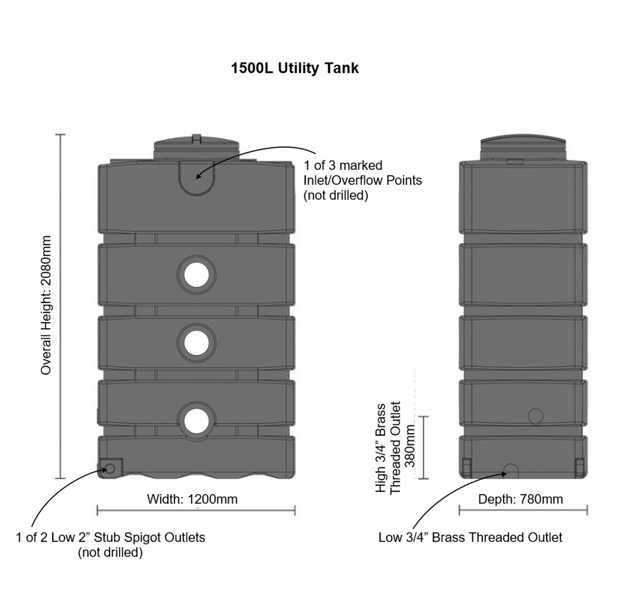 Dimensions of the 1500L water tank. Showing inlet and outlet points.