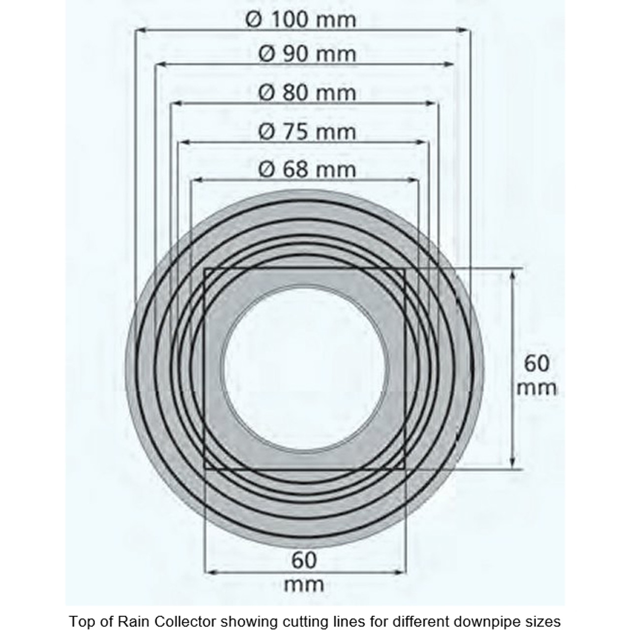 Top of Rain Diverter showing cutting lines for different sized downpipes.