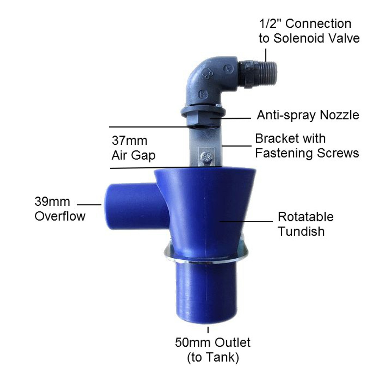 AA compliant Tundish with Overflow and Bracket - annotated