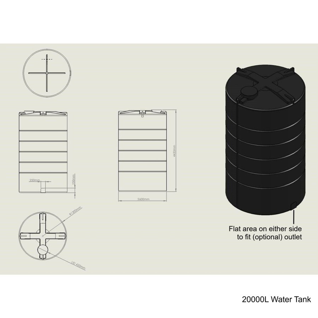 20000L water tank dimensions showing locations of optional outlets.