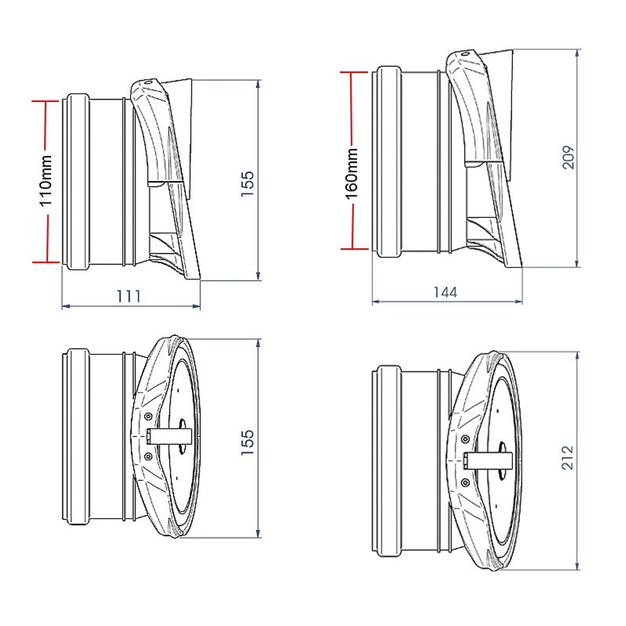 Dimensions of both the 110mm (left)and 160mm (right) Flap Valves