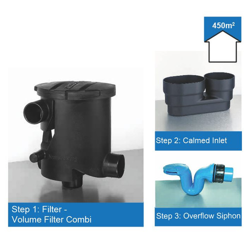 Rainwater Harvesting Filter Kit for roof areas up to 450m2. The Volume Filter has the outlet to Rainwater Storage at the base of the Unit.