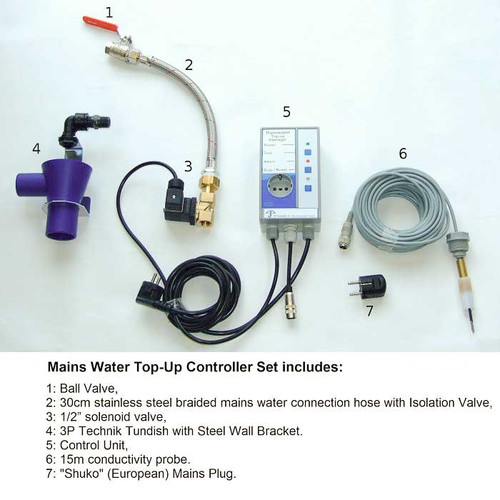 Components that make up the Mains Water Top-Up Controller Kit for Rainwater Harvesting Systems.