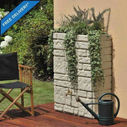 Maurano Space Saving Water Butt in Sandstone finish with optional built-in Planter.