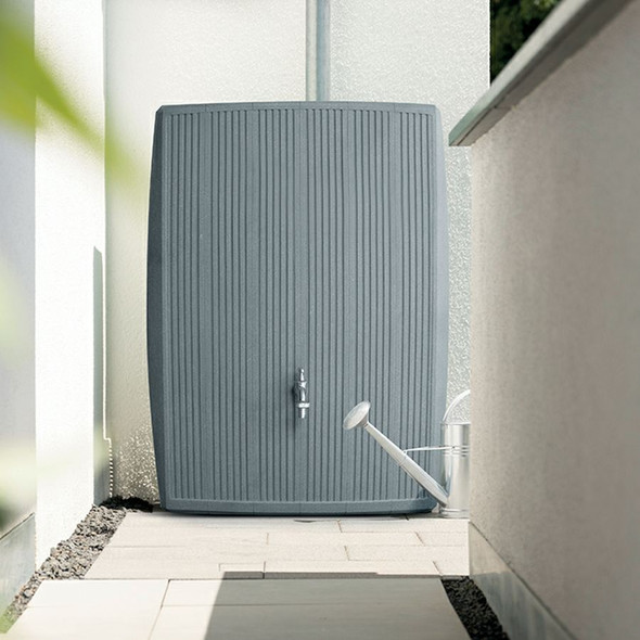 Strata 200L Slimline water butt with chrome-plated metal tap shown in narrow walk way.