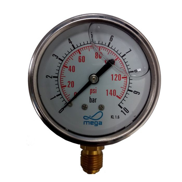 Filled Pump Pressure Gauge. 1-10 bar, bottom 0.25" threaded connection. Filled Pump Pressure Gauge. 1-10 bar, bottom 0.25" threaded connection.