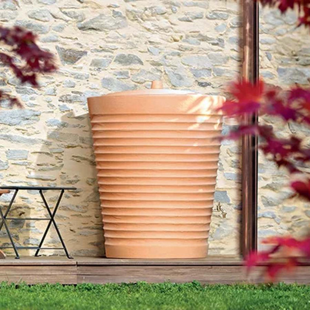 The Tuscan Terracotta Planter Effect water butt has a wide removable lid for easy watering can dunking!