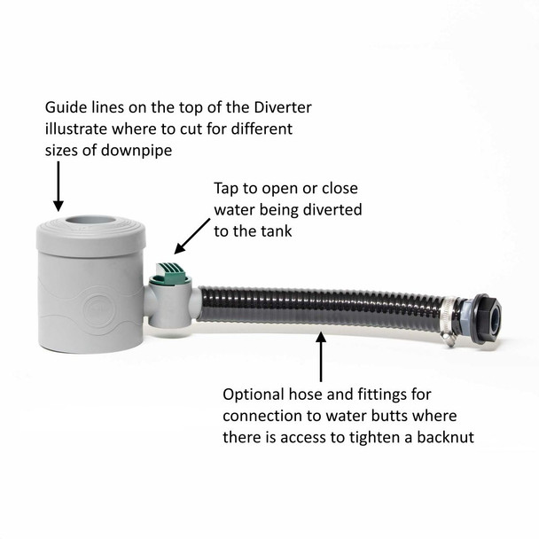 Rain Diverter with Connecting Hose, Tap and Fittings for Water butts. Grey.