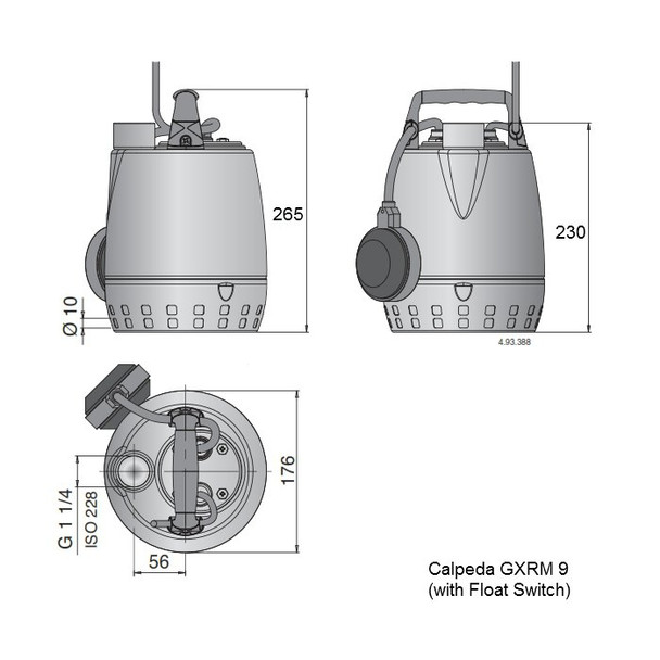 Dimensions of the Calpeda GXRM 9 Manual Submersible Dirty Water Pump (shown here with Float Switch attached). Dimensions of the Calpeda GXRM 9 Manual Submersible Dirty Water Pump (shown here with Float Switch attached).