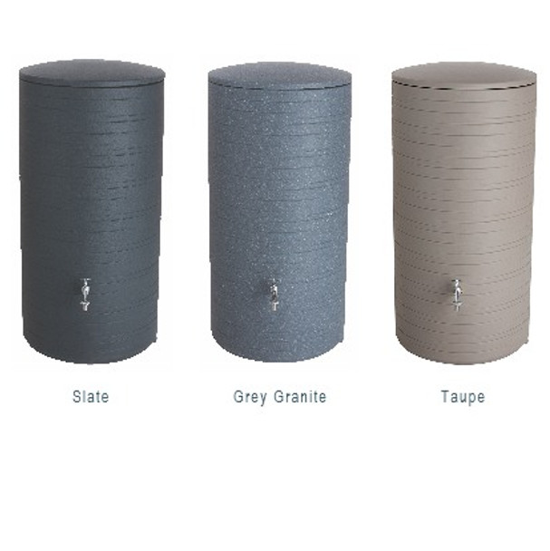 280L Novara Contemporary Water Butt in three colour finishes: Slate, Grey Granite and Taupe. 280L Novara Contemporary Water Butt in three colour finishes: Slate, Grey Granite and Taupe.