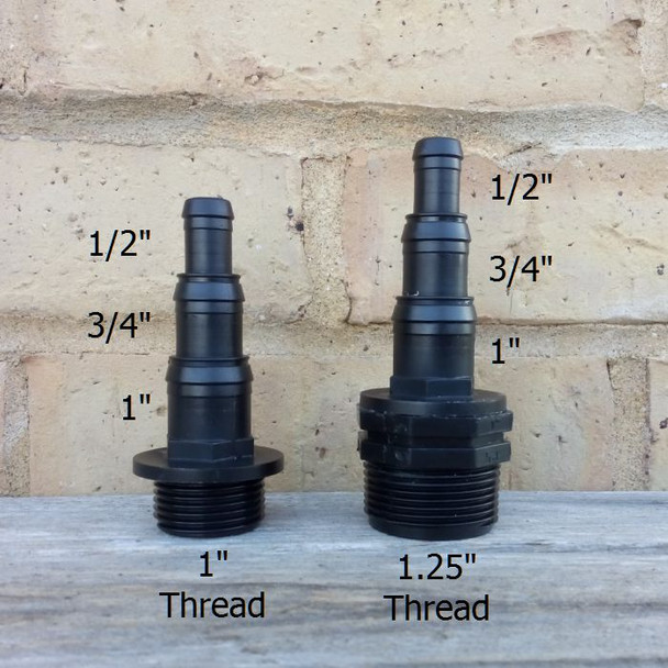Threaded Stepped Garden Hose Connector in two thread sizes (1" or 1.25"). Each fits 0.5", 0.75" and 1" garden hose. Threaded Stepped Garden Hose Connector in two thread sizes (1" or 1.25"). Each fits 0.5", 0.75" and 1" garden hose.