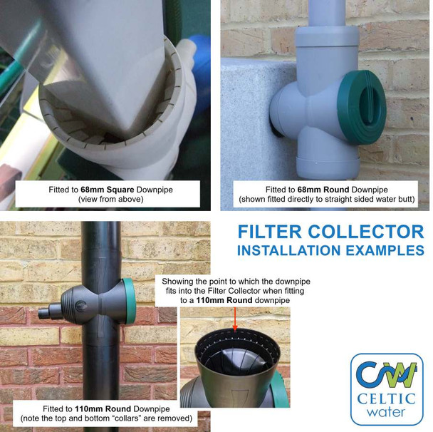 Filter Collector fitted to different sized UK Downpipes (shown here without the hose connection).