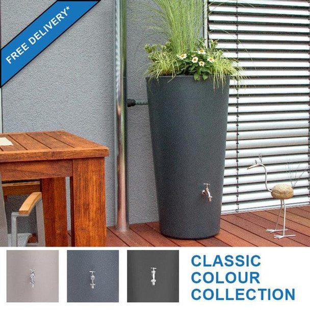 Rainbowl Flower water butt with planter. Available in three colours. Top image showing slate colour finish. Rainbowl Flower water butt with planter. Available in three colours. Top image showing slate colour finish.