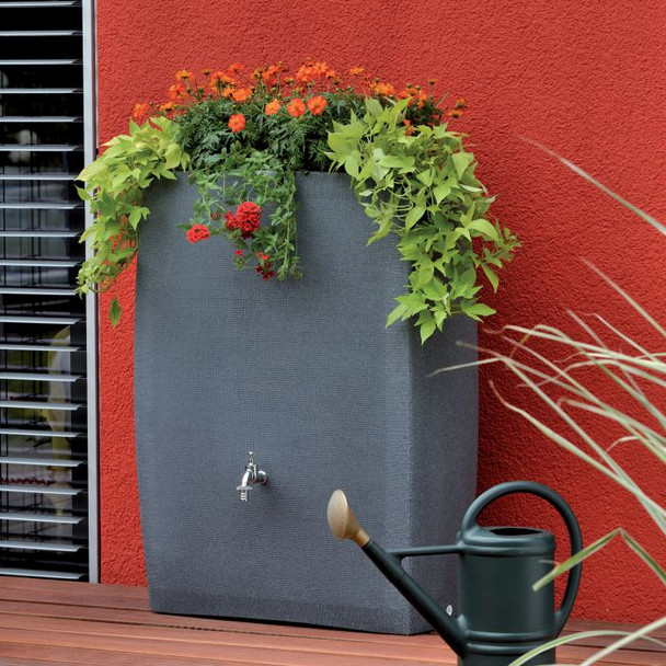 Slimline Space Saving Waterbutt comes with built-in Planter. Shown in Charcoal Finish.