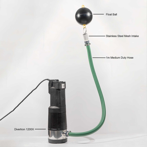 Divertron 1200X Pump with 1m Floating Intake to filter the water before it enters the pump.