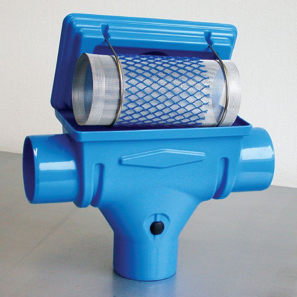 In-Tank Rainwater Filter - Compact Garden Filter showing the stainless steel filter in the housing. Colour: Blue. In-Tank Rainwater Filter - Compact Garden Filter showing the stainless steel filter in the housing. Colour: Blue.
