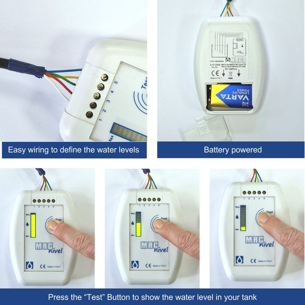Battery powered. Once wired, press the "Test" button to show the water level in your tank (battery not included).