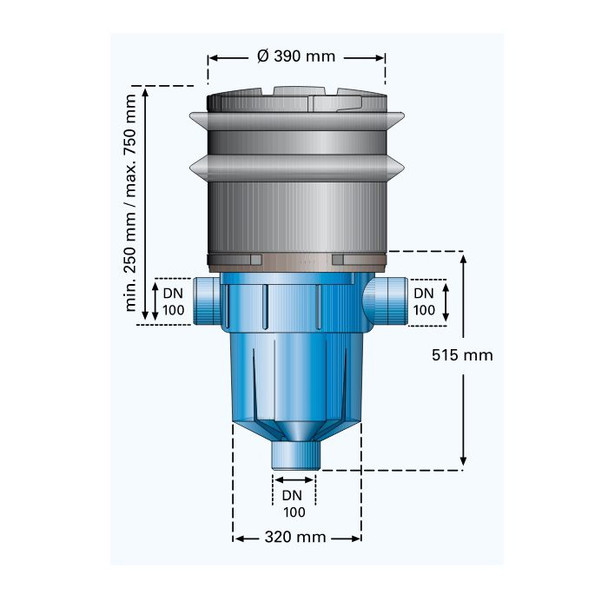 Dimensions of the Retention Filter with Telescopic Extension and Lid. Dimensions of the Retention Filter with Telescopic Extension and Lid.