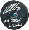 Macklin Celebrini Autographed Official San Jose Sharks Logo Game Hockey Puck "NHL Debut 10-10-24" Fanatics Holo Stock #256806