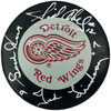 Gordie Howe, Sid Abel, & Ted Lindsay Autographed Official Detroit Red Wings Logo Hockey Puck Production Line Beckett BAS #AE85129