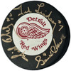 Gordie Howe, Sid Abel, & Ted Lindsay Autographed Official Detroit Red Wings Logo Hockey Puck Production Line Beckett BAS #AE85135