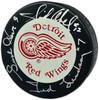 Gordie Howe, Sid Abel, & Ted Lindsay Autographed Official Detroit Red Wings Logo Hockey Puck Production Line Beckett BAS #AE85131