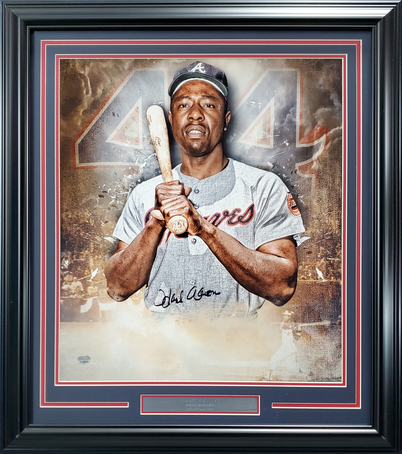 Hank Aaron Autographed Framed 22x28 Lithograph Photo Atlanta