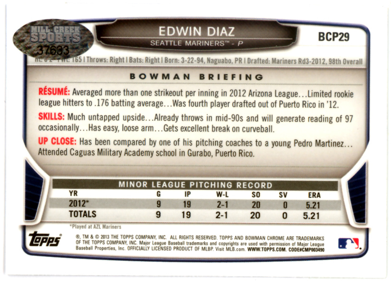Edwin Diaz Autographed 2013 Bowman Prospects Rookie Card #BP29 Seattle  Mariners MCS Holo Stock #116569 - Mill Creek Sports