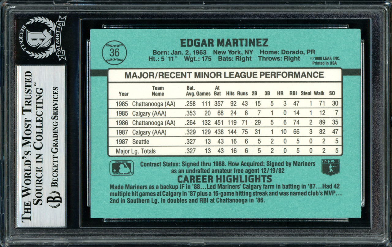 Edgar Martinez Seattle Mariners Autographed 1988 Fleer #378 Beckett  Fanatics Witnessed Authenticated 10 Rookie Card with HOF 2019 Inscription  - Baseball Slabbed Autographed Cards at 's Sports Collectibles Store