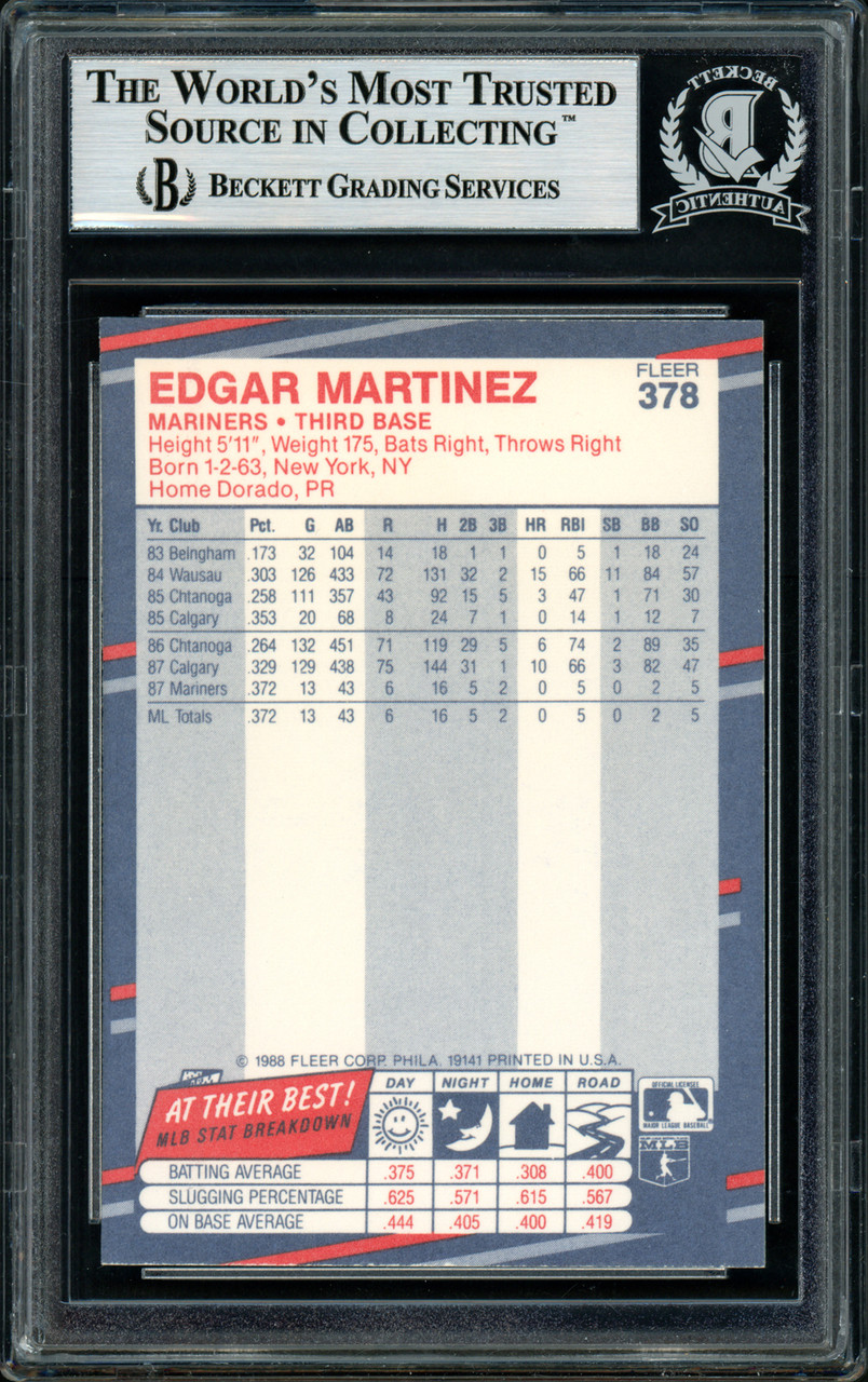Edgar Martinez Signed 1988 Fleer #378 Rookie Card RC M's Auto PSA/DNA GEM  MT 10