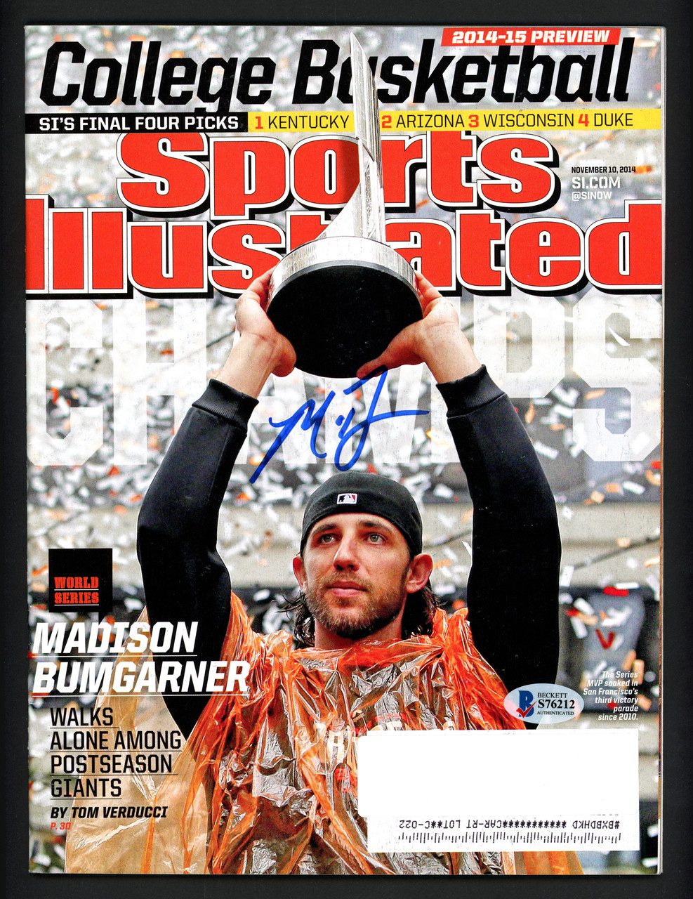 Madison Bumgarner Autographed Sports Illustrated Magazine San Francisco  Giants Beckett BAS #S76212 - Mill Creek Sports
