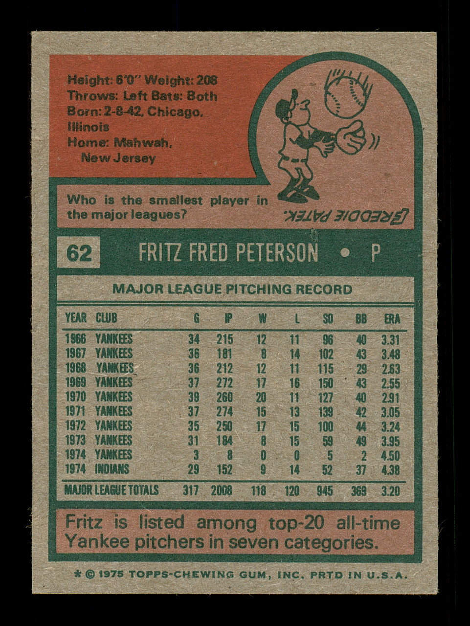 Fritz Peterson Autographed 1976 O-Pee-Chee Card #255 Cleveland Indians SKU  #169448 - Mill Creek Sports